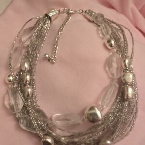 Multi-Strand Clear Beads and Silver Bead Necklace - Women Jewelry